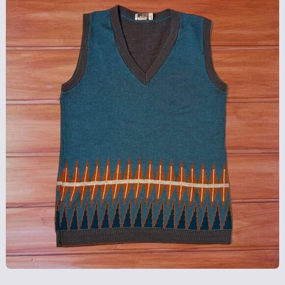 Retro 70s Blue and Orange Sweater Vest Knitwear Vintage Pullover Golf Vest - Picture 1 of 7